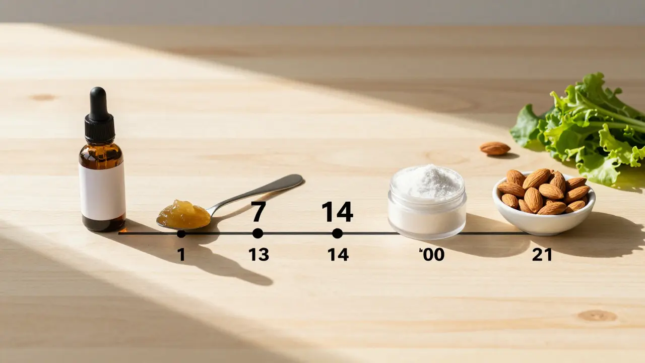 Týdenní režim péče o vlasy s přírodními prostředky na dřevěné tabuli.