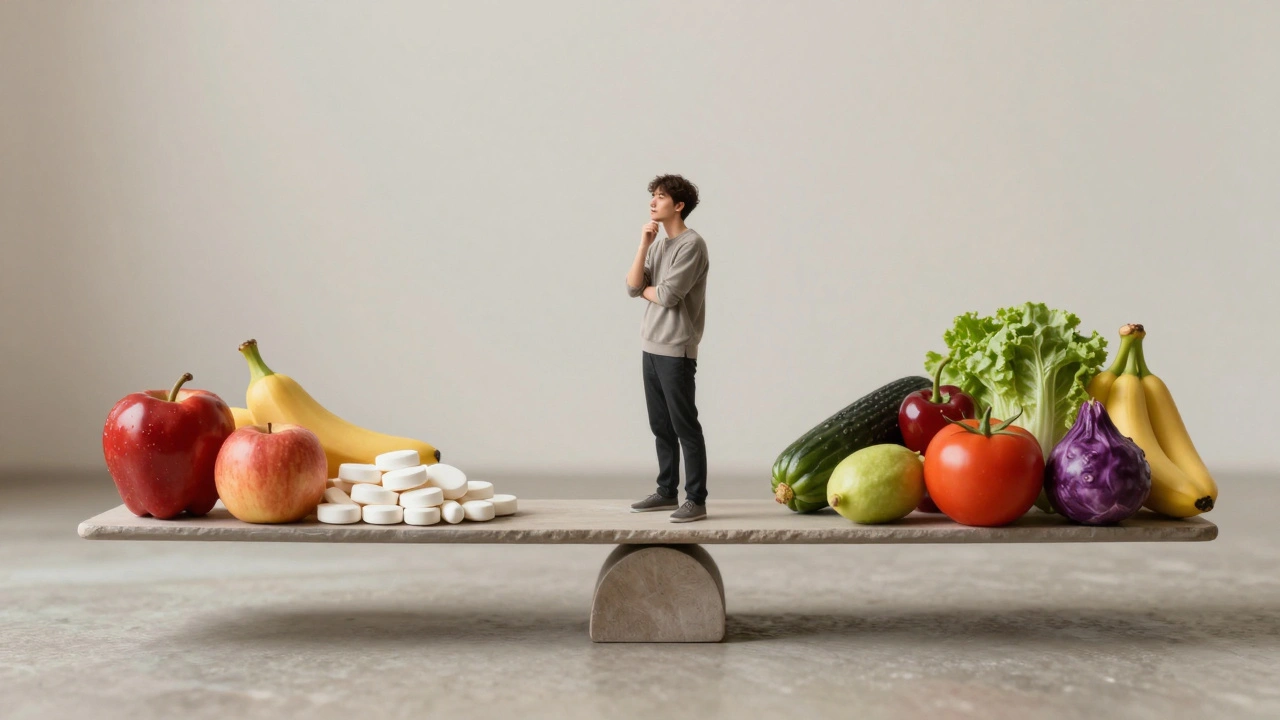 Váha s tabletkami vitamínu C na jedné straně a čerstvými ovoce a zeleninou na druhé.