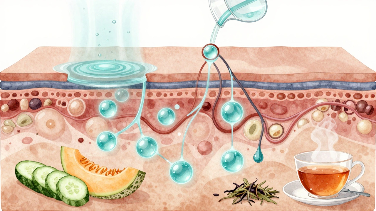 Vnitřní řez kůže ukazující cestu vody z pitné vody do pokožky s hydratačními látkami a lipidovou bariérou, obklopený potravinami bohatými na vodu.