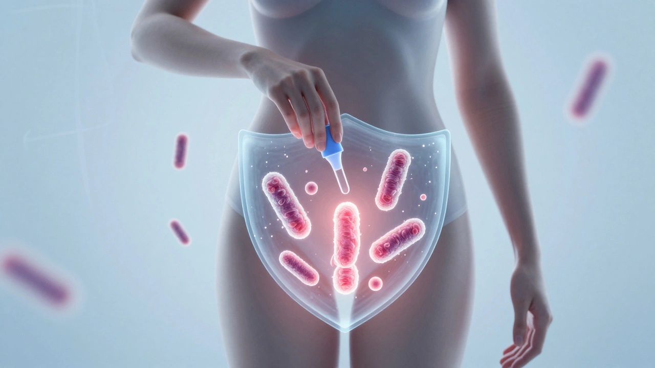 Žena s vaginálním probiotikem a ochranným štítem z laktobacilů.