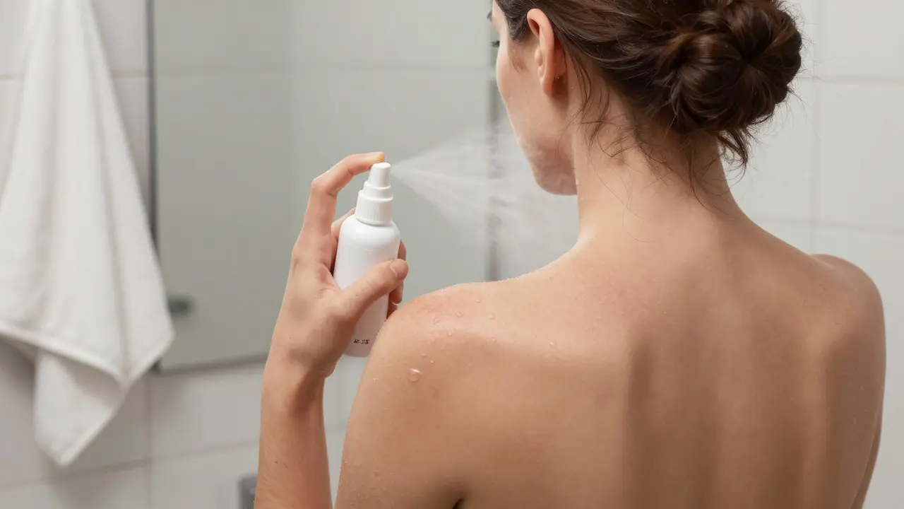 Žena sprejí peroxid benzoylem na záda v koupelně.