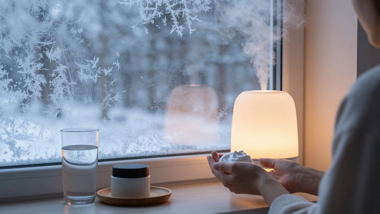 Zimní výhled z okna na mráz venku, uvnitř člověk používá hydratační krém, vedle něj vlhčič a sklenice vody.