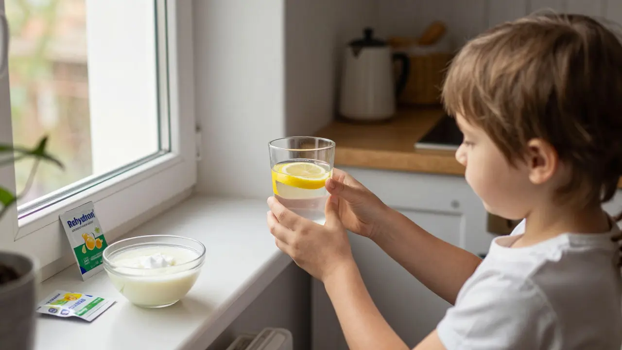 Babička podává teplý nápoj dítěti v domácí kuchyni.