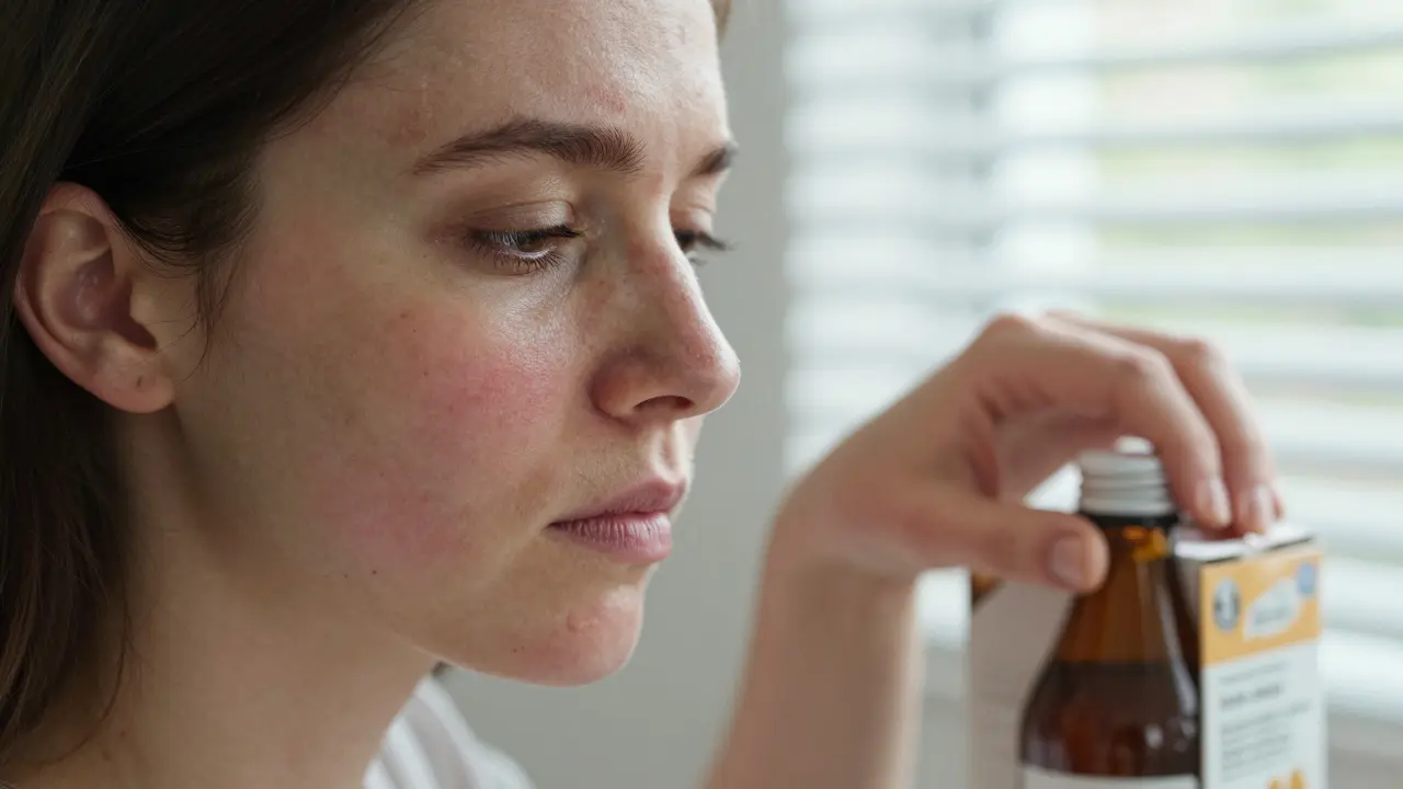 Blízký pohled na tvář ženy s příznaky alkoholické závislosti: šedivá kůže, červené skvrny, ruka se třese.