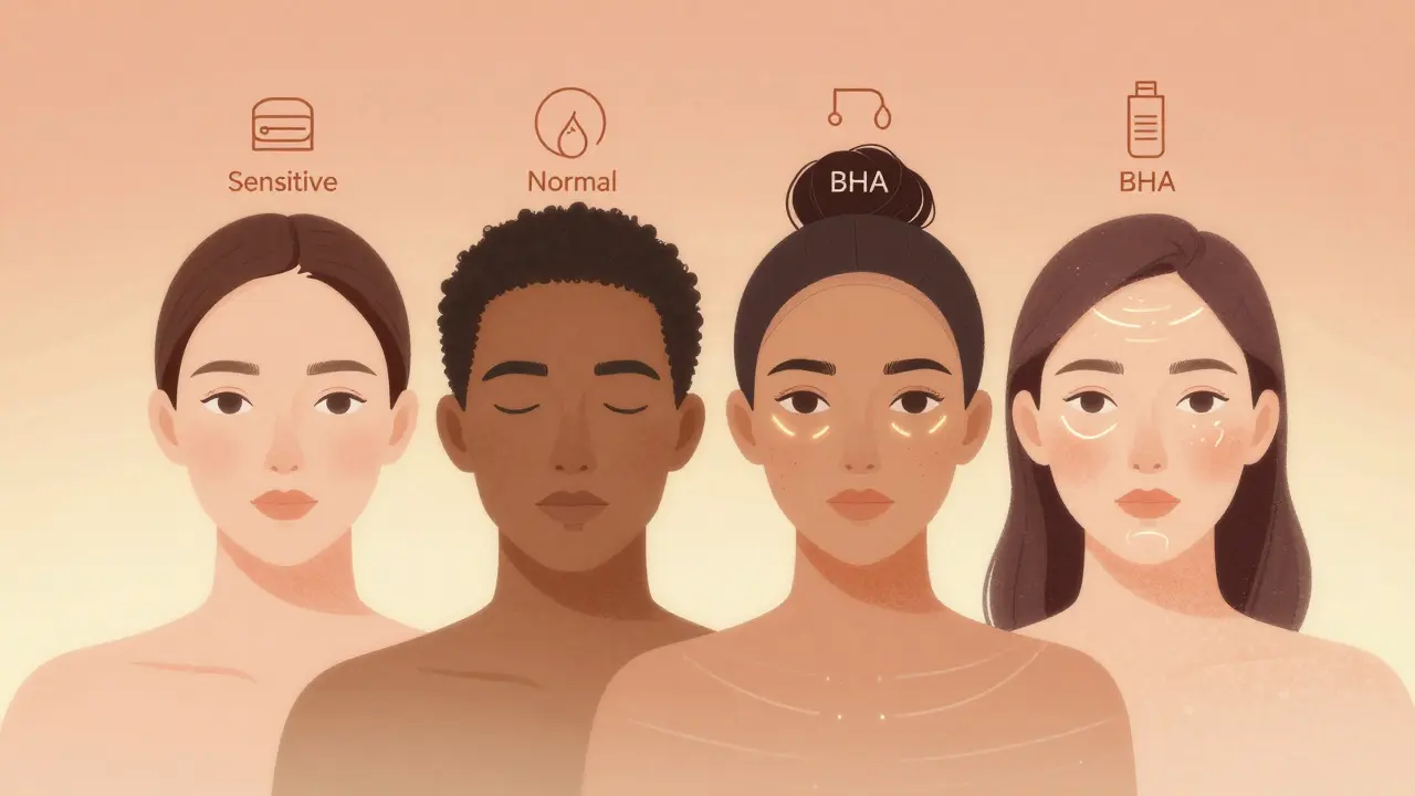 Čtyři typy pleti s příslušnými typy peelingů jako symbolické ikony.