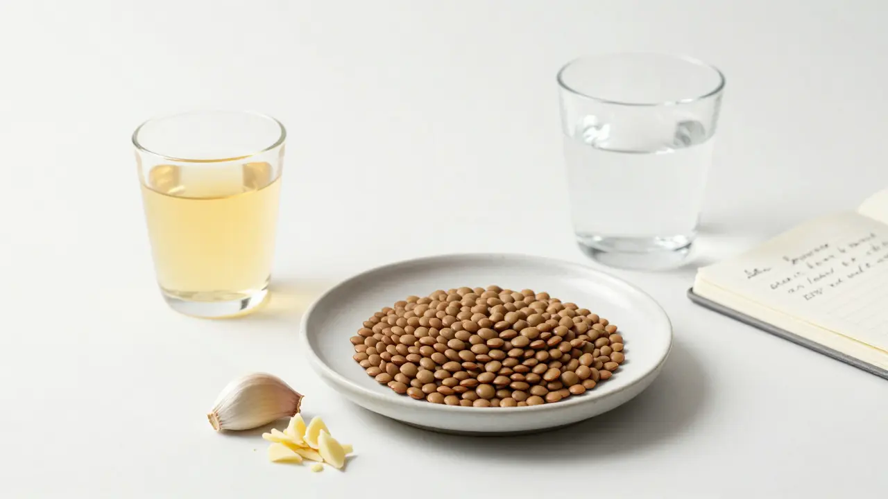 Denní rutina pro zdravá střeva: kombucha, čočka, česnek a voda na stole bez textů.