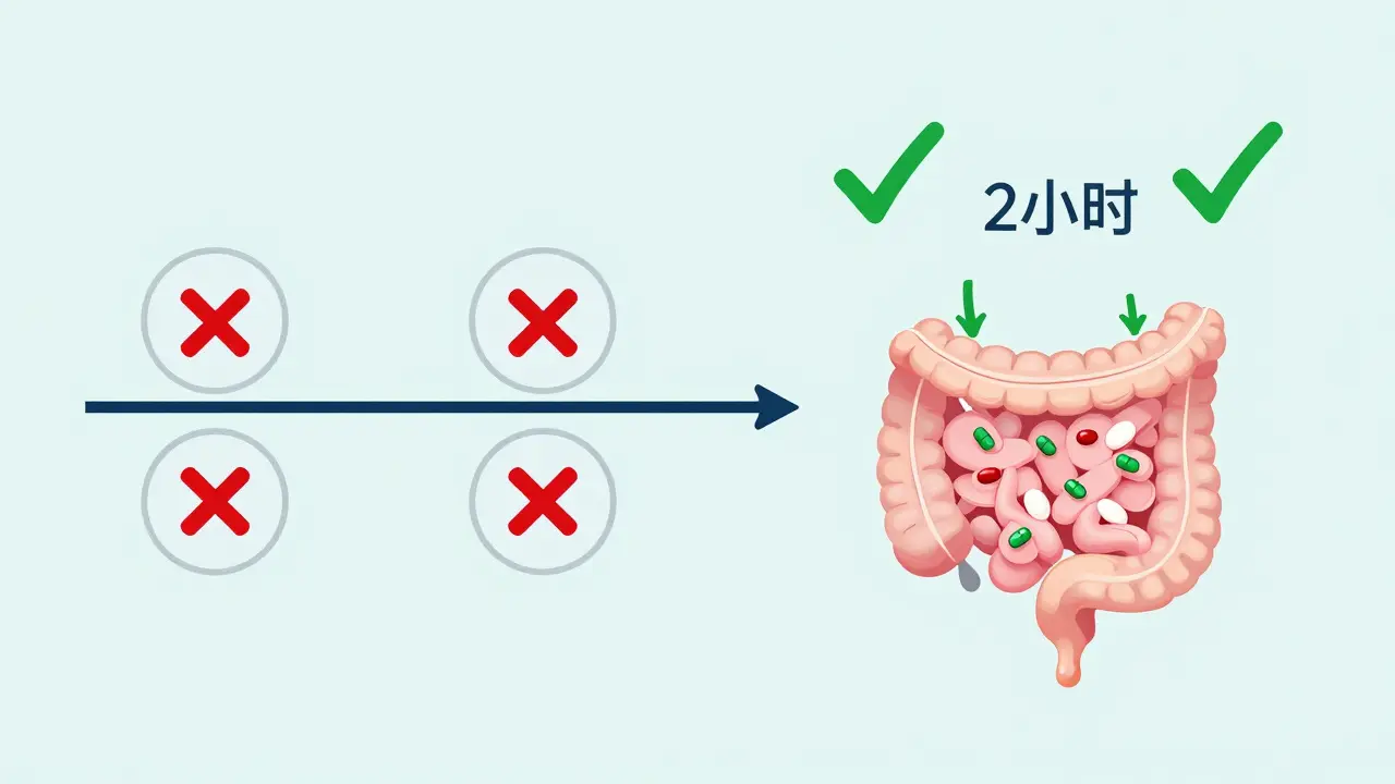 Dva časové průběhy: společné užívání antibiotik a probiotik vs. oddělené dávky s 2hodinovým rozestupem.