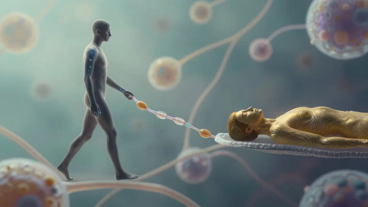 Dvě postavy symbolizující denní a noční regeneraci spojené kolagenem.