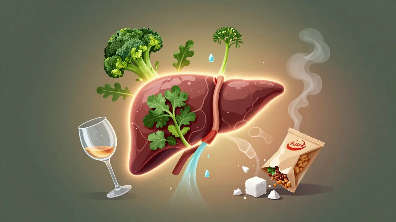 Glowing játra s rozpadajícími se škodlivými látkami a přirozenými bylinami kolem.