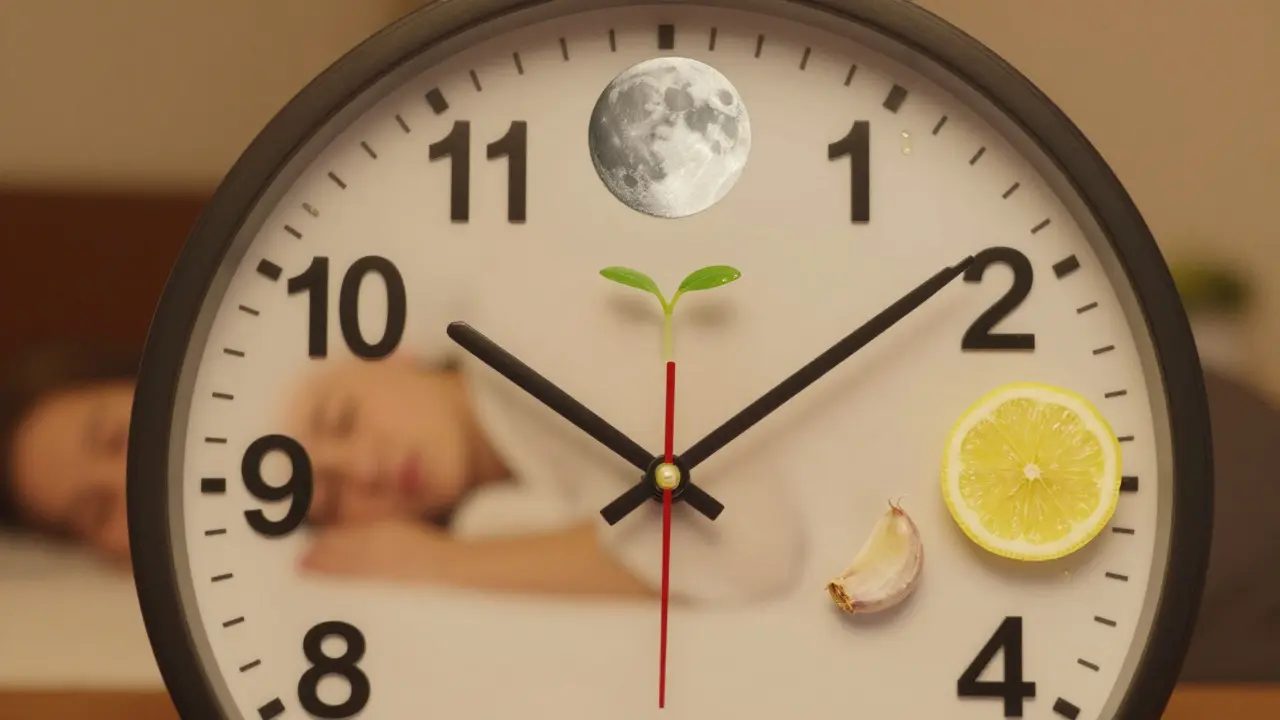 Hodiny s přirozenými symboly místo čísel, symbolizující čas a obnovu po alkoholu.