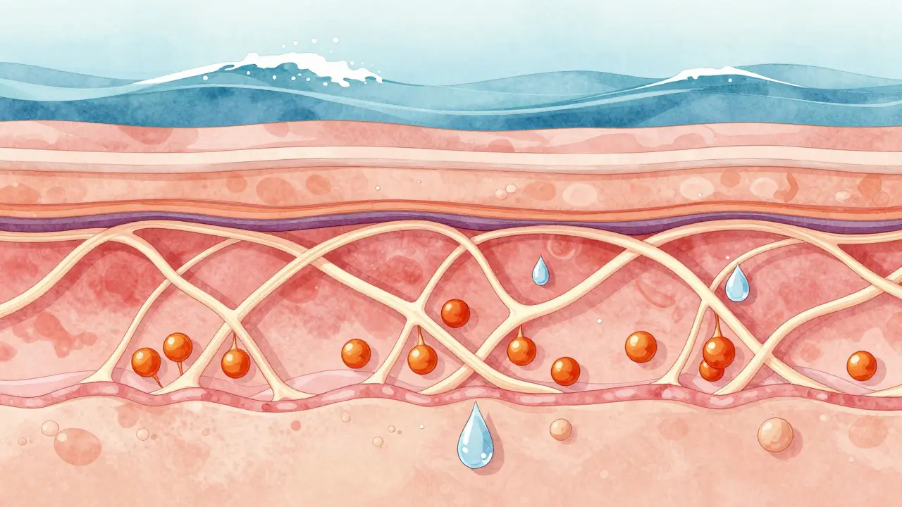 Křížový řez kůže s kolagenovými vlákny podporovanými peptidy a vitamínem C, s mořskými vlnami na pozadí.