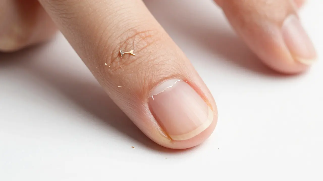 Lámavé nehty s odstávajícími okraji a viditelnými trhlinami.