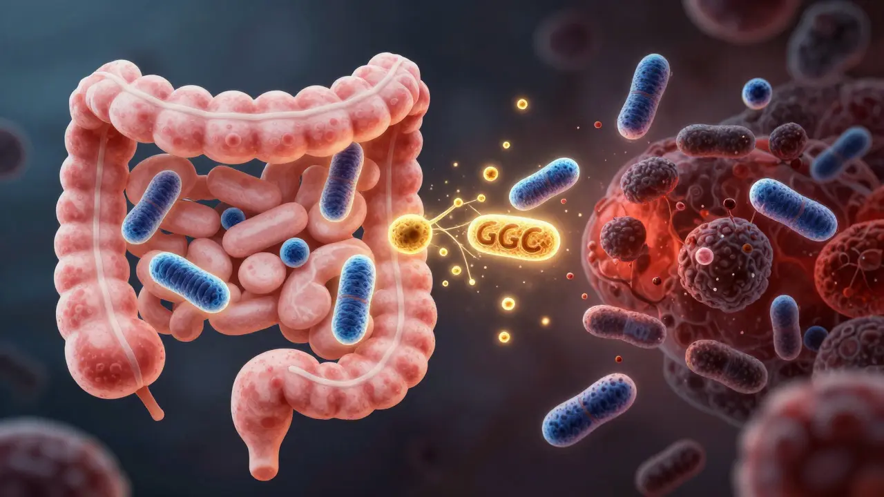 Mikroskopický pohled na střevní mikroflóru: zdravé bakterie vs. ničené bakterie.