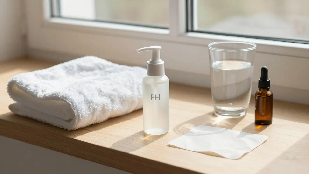 Minimální sestava péče o pleť: čistička, voda a ručník na dřevěném okenním parapetu.
