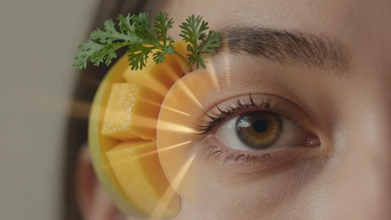 Oči a kůže složené z manga, apríkotů a chřestu s zlatým zářením.