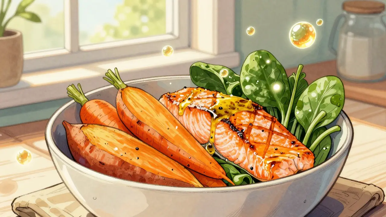 Opečené sladké brambory, mrkev, špenát a losos s olivovým olejem v mise.