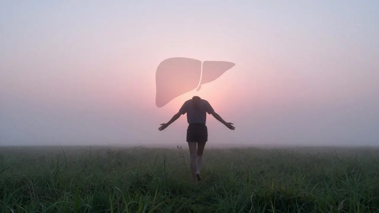 Osoba kráčí na trávě na ranním světle, symbolizující obnovu jater v klidu.