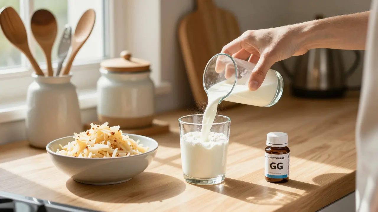 Osoba připravuje kefír s probiotickým práškem, na stole kvasené zelí a přípravek s L. rhamnosus GG.