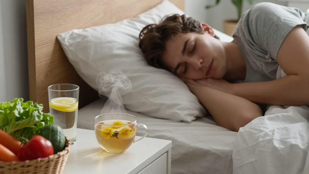 Osoba probouzející se v klidu s přirozenými prvky pro podporu jater.