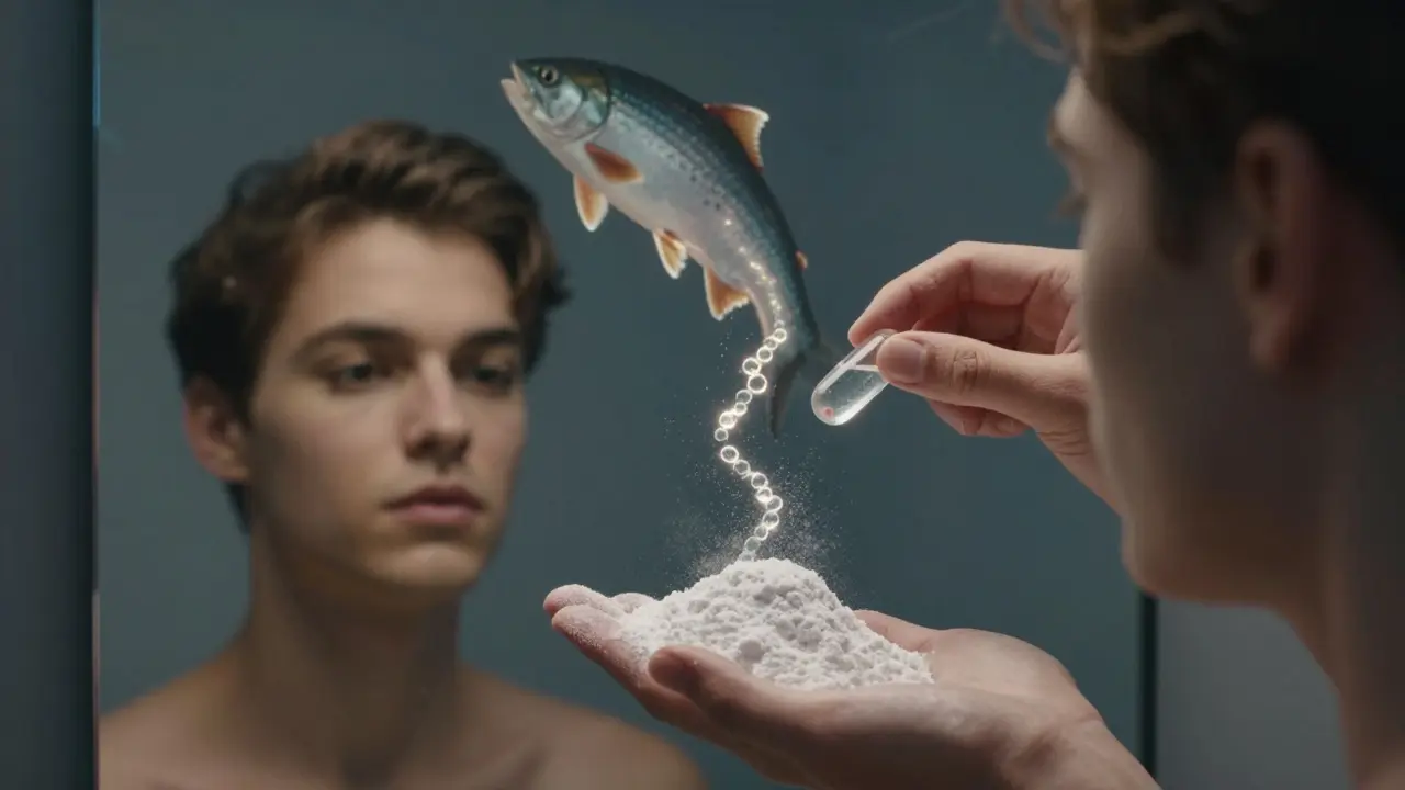 Ruka drží kapsli s mořským kolagenem, v zrcadle se odráží mladší verze tváře, za ní ryba se mění v peptidy.