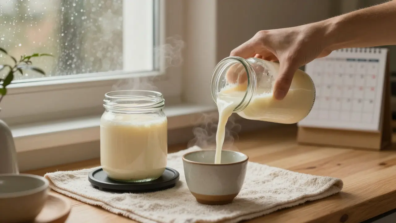 Ruka nalévá kvasné mléko do hrnku v teplé kuchyni s přírodním osvětlením.