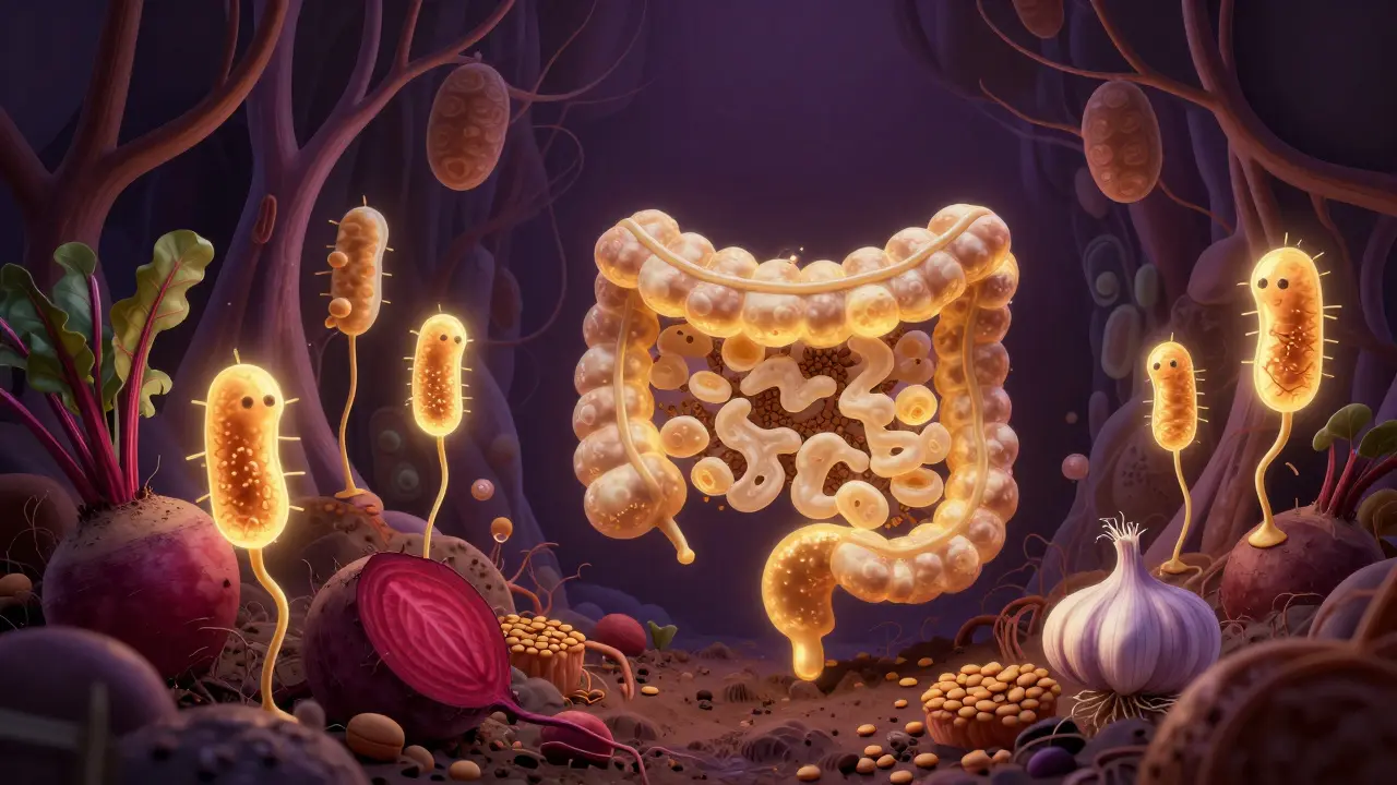 Surreální podzemní zahrada střevního mikrobiomu s kvasnými bakteriemi živícími se z řepy a luštěnin.