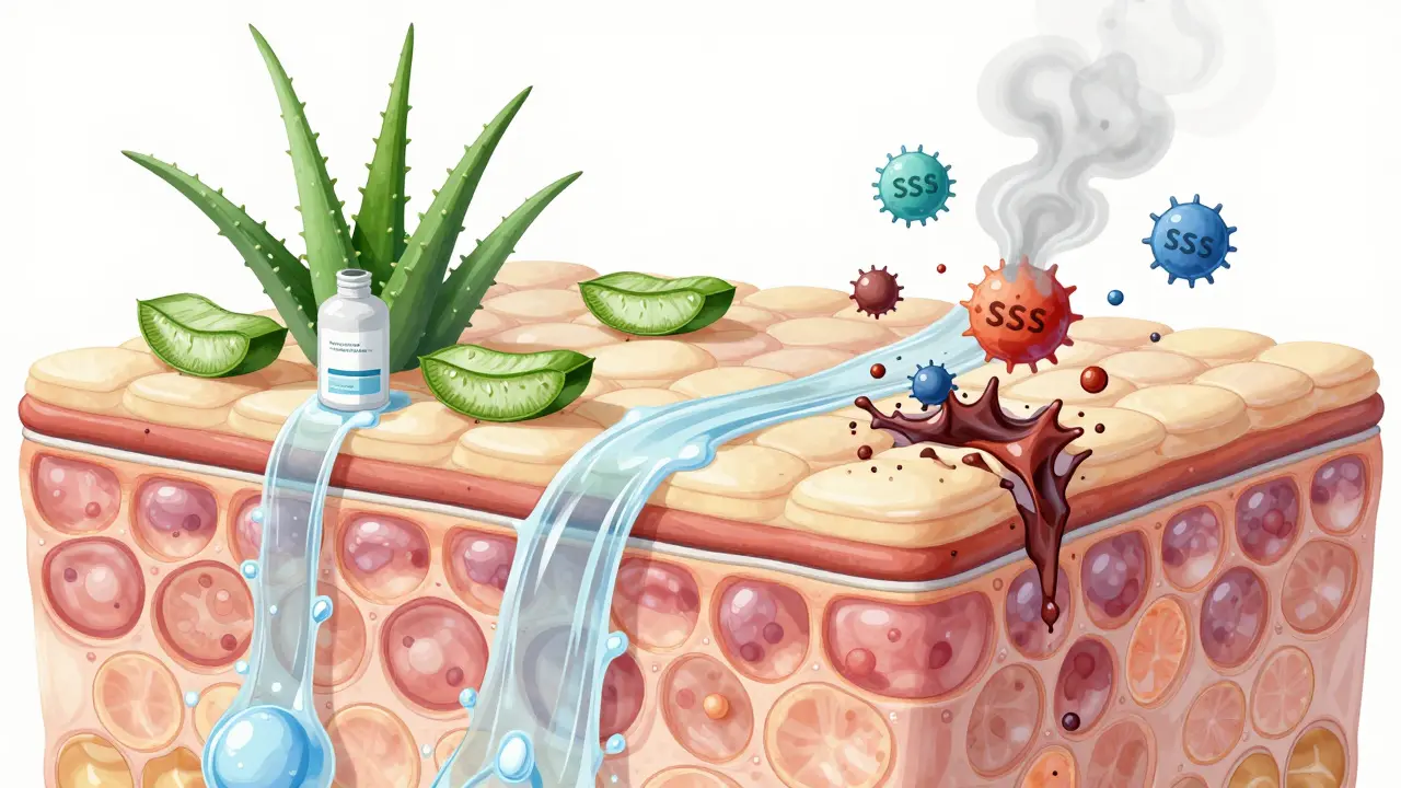 Symbolická ilustrace zdravé bariéry pleti s přírodními složkami a bez agresivních chemikálií.
