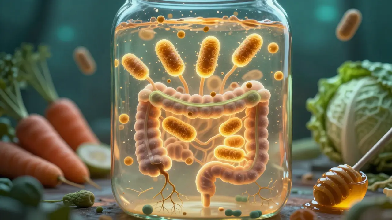 Vnitřní pohled na bakterie v kvasné směsi s symbolem lidského trávicího traktu.