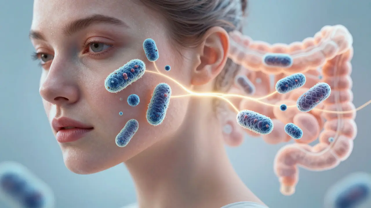 Zdravá pokožka a střevo propojené kmeny laktobacilů, které podporují celkové zdraví.