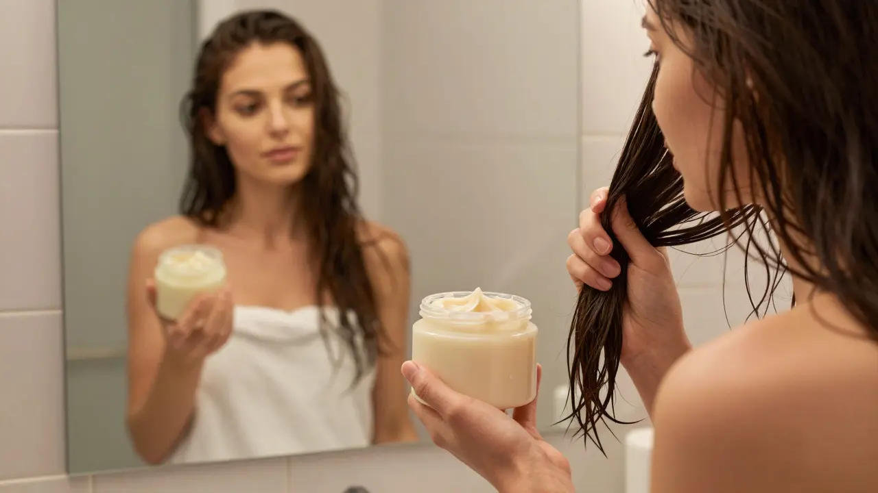 Žena aplikuje keratinovou masku na vlasy v koupelně.