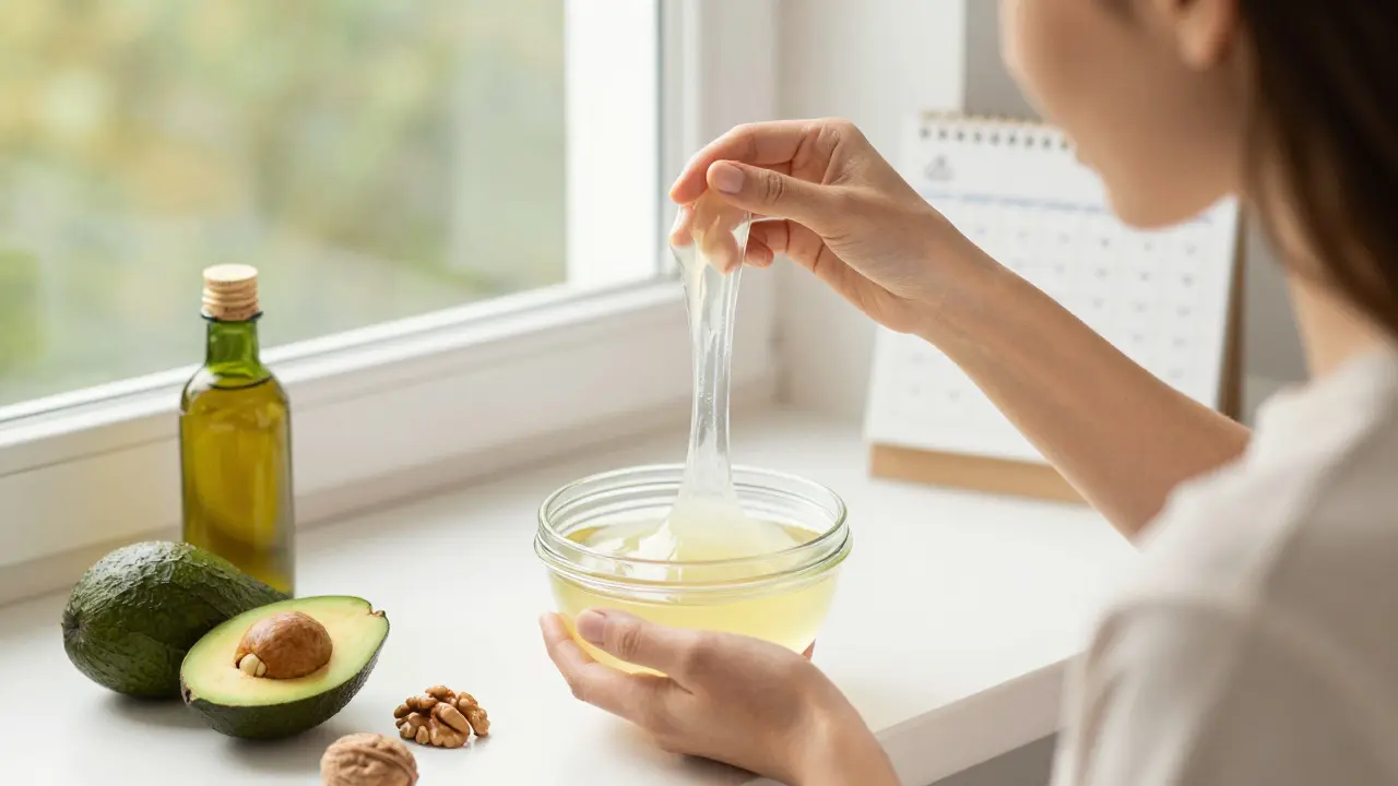 Žena pozoruje krvavý výtok na světle, vedle ní jsou zdravé potraviny.