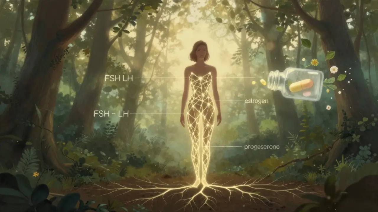 Žena v lese symbolicky osvobodila své tělo od hormonální antikoncepce.