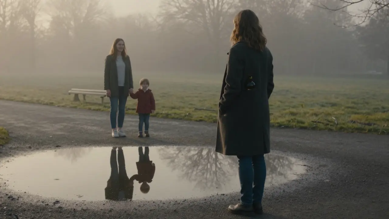 Žena v parku se dívá na svůj odraz ve vodě, kde vidí svou dřívější verzi s dítětem, zatímco sama je osamělá.