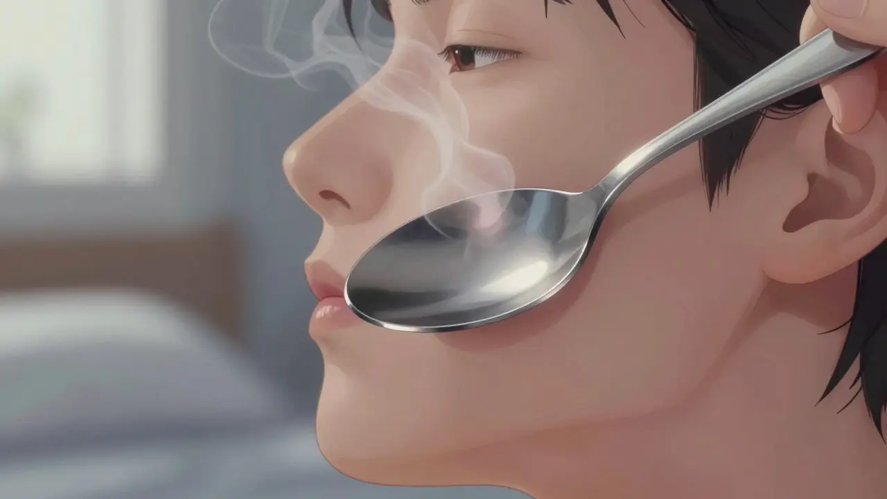 Chladná lžíce se pomalu pohybuje po tváři s jemným parou.