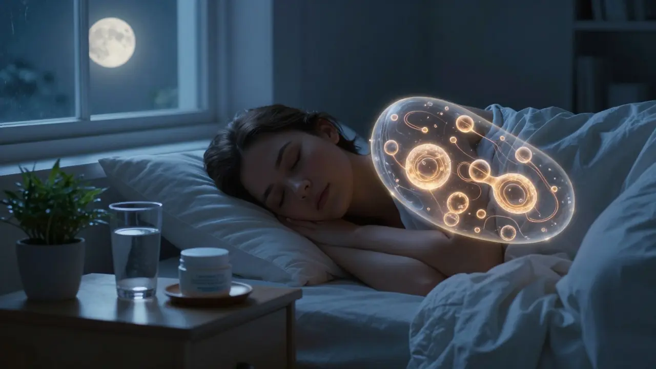 Člověk spí v klidu s vodou a hydratačním krémem na nočním stolku pod měsíčním světlem.