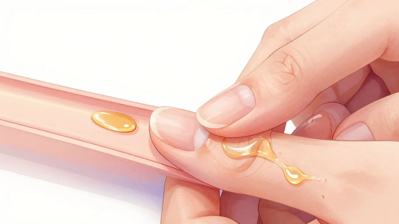 Detailní ilustrace nehtu a okolní kůže s vrstvami péče: základní vrstva, oleje a regenerace.