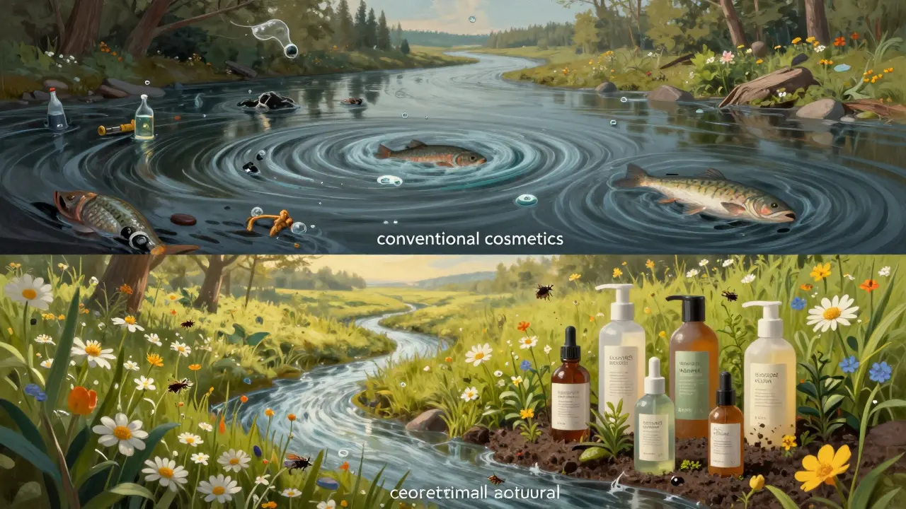 Dvě části krajiny: znečištěný tok s chemikáliemi a čistý pramen s přírodní kosmetikou, symbolizující dopad na životní prostředí.