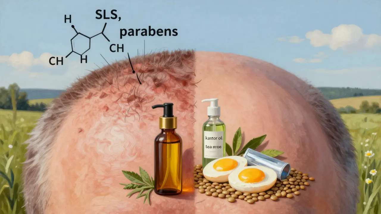 Dvě části pokožky: jedna zánětlivá s chemikáliemi, druhá zdravá s přírodními extrakty.