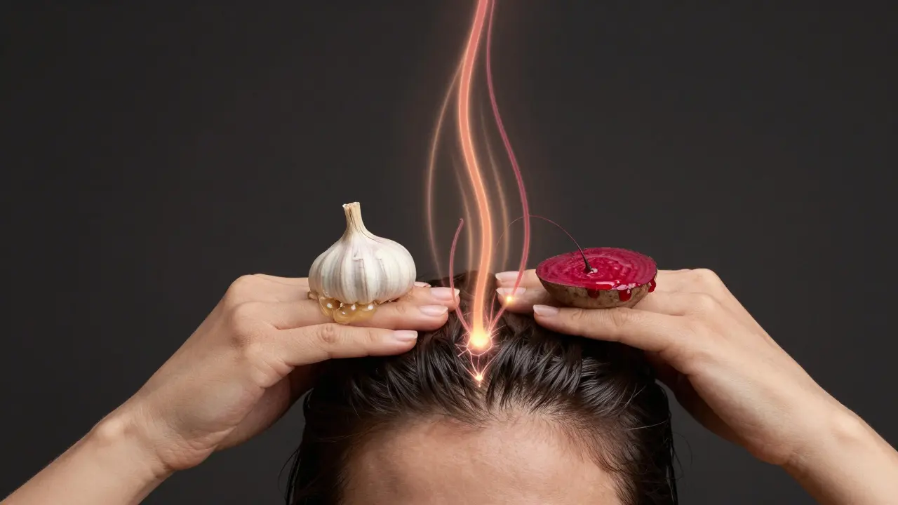 Dvě ruce masírují kůži hlavy česnekem a řepou, s viditelným prouděním živin do vlasových folikulů.
