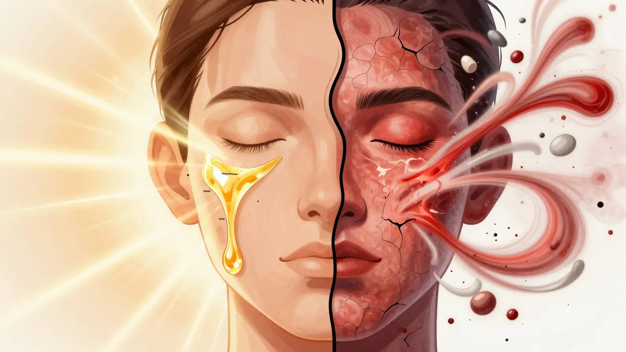 Dvě strany obličeje: jedna zdravá s jasnými vrstvami sér, druhá podrážděná z nevhodné kombinace látek.