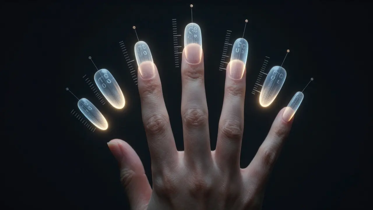 Floating nail forms around a hand, each sized to match individual finger widths.