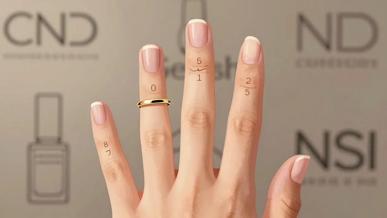 Hand with five fingers each fitted with different US nail form sizes from 0 to 5.