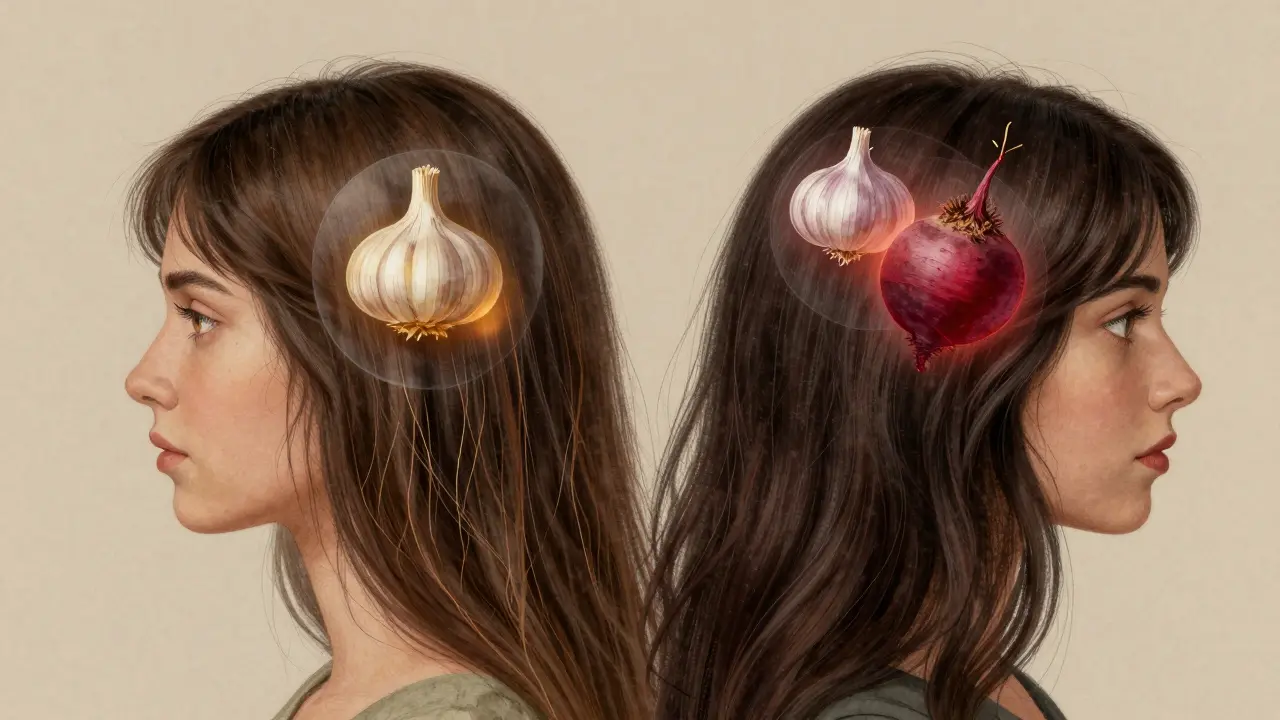 Ilustrace vlasů s přechodem od tenkých k hustým, s česnkem a řepou jako symboly růstu.