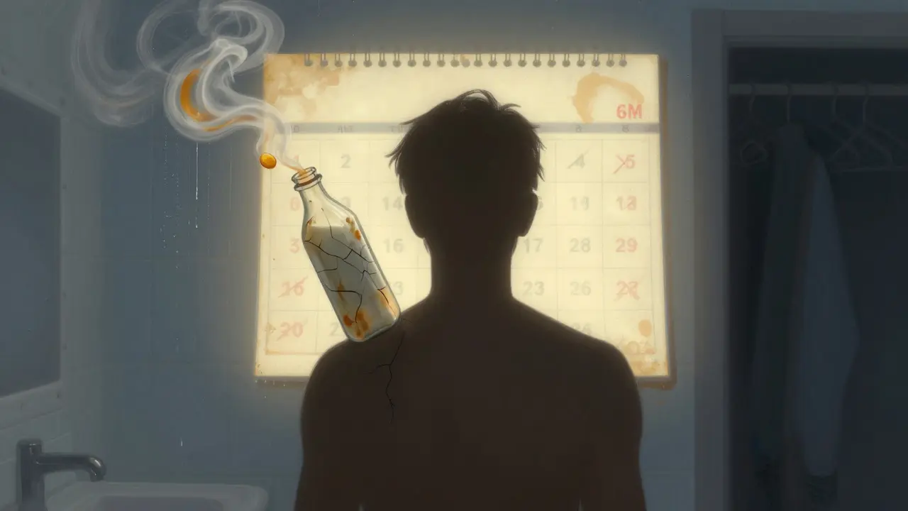 Konceptuální obraz rozpadajícího se tělového mléka jako kouře nad postavou, s připomínkou času a špatného skladování.