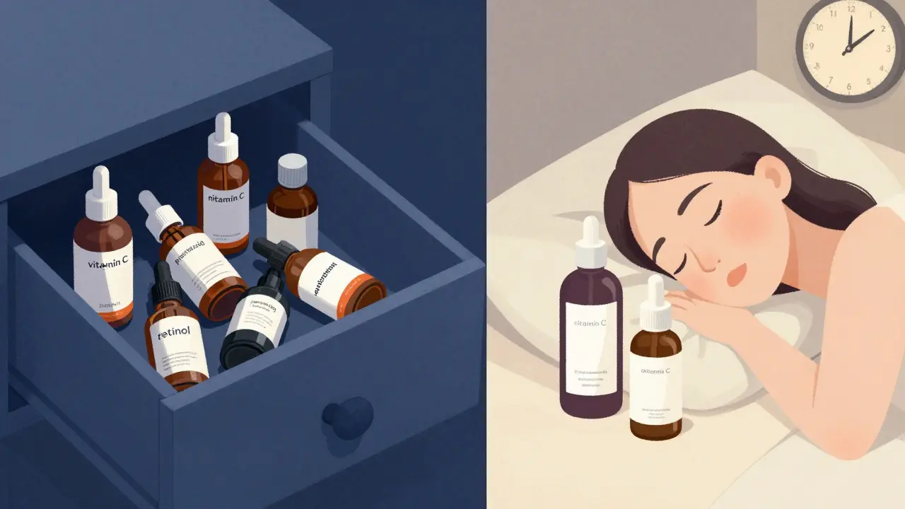 Kontrast mezi chaosem mnoha kosmetických produktů a klidnou, minimální rutinou s důrazem na obnovu pokožky.