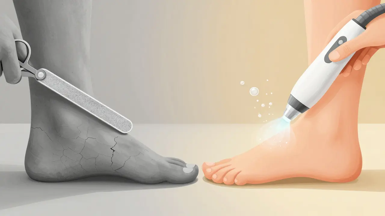 Kontrast mezi hrubou, poškozenou kůží a hladkou, omlazenou kůží po přístrojovém ošetření.