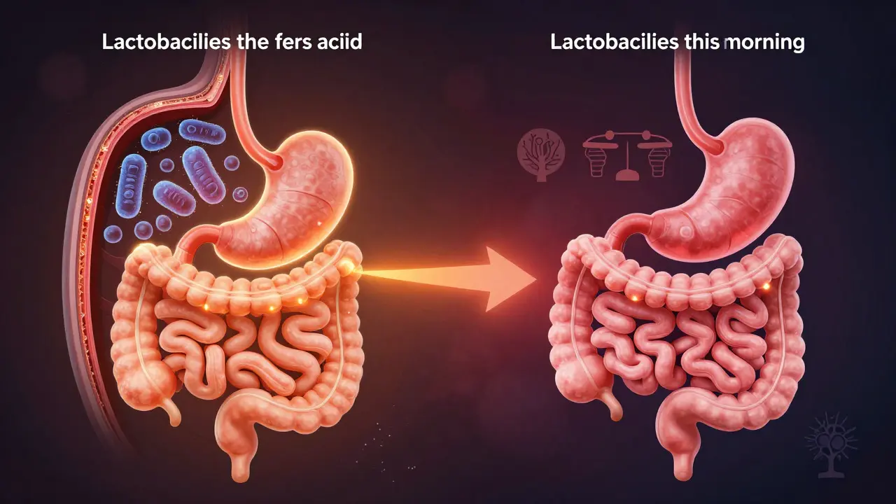 Křížový řez trávicího traktu s probiotiky přežívajícími v žaludku ráno a zemřelými večer.