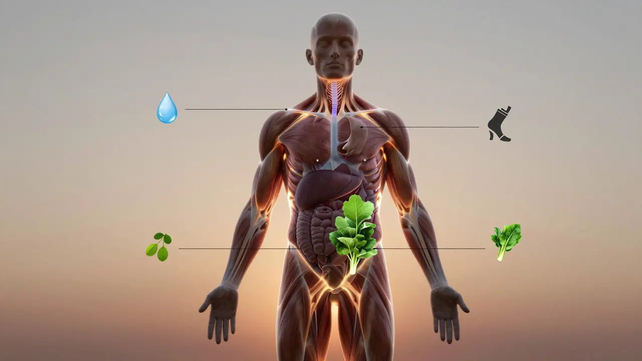 Lidský silueta s vykreslenými zdroji energie: voda, spánek, pohyb a zelenina.