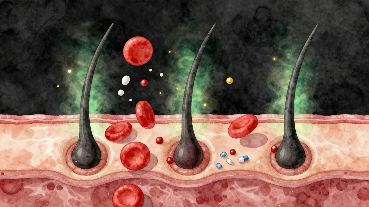 Mikroskopický pohled na vlasové folikuly v různých fázích růstu s živinami jako železo a vitamín D.