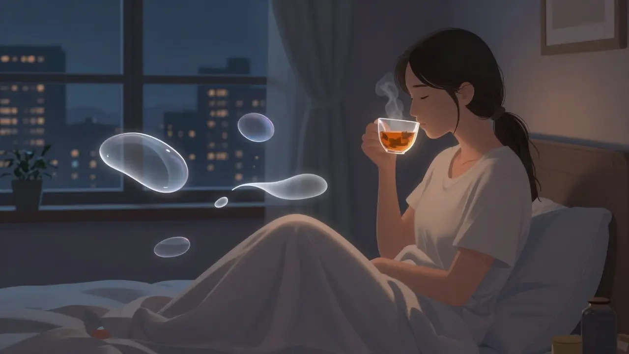 Osoba pije bylinkový čaj ve tmavé ložnici před spaním.